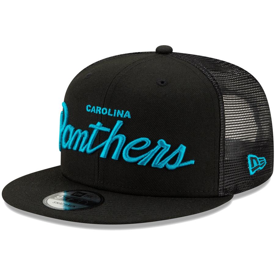Carolina Panthers New Era Script Trucker 9FIFTY Snapback Hat - Black