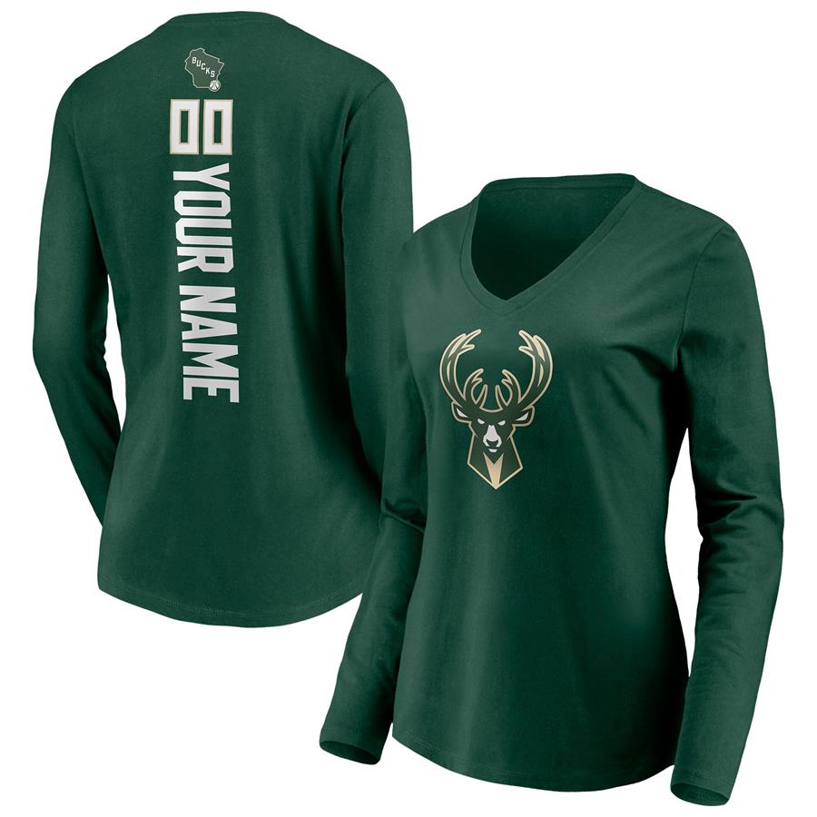Milwaukee Bucks Fanatics Branded Women's Playmaker Personalized Name & Number Long Sleeve V-Neck T-Shirt - Hunter Green