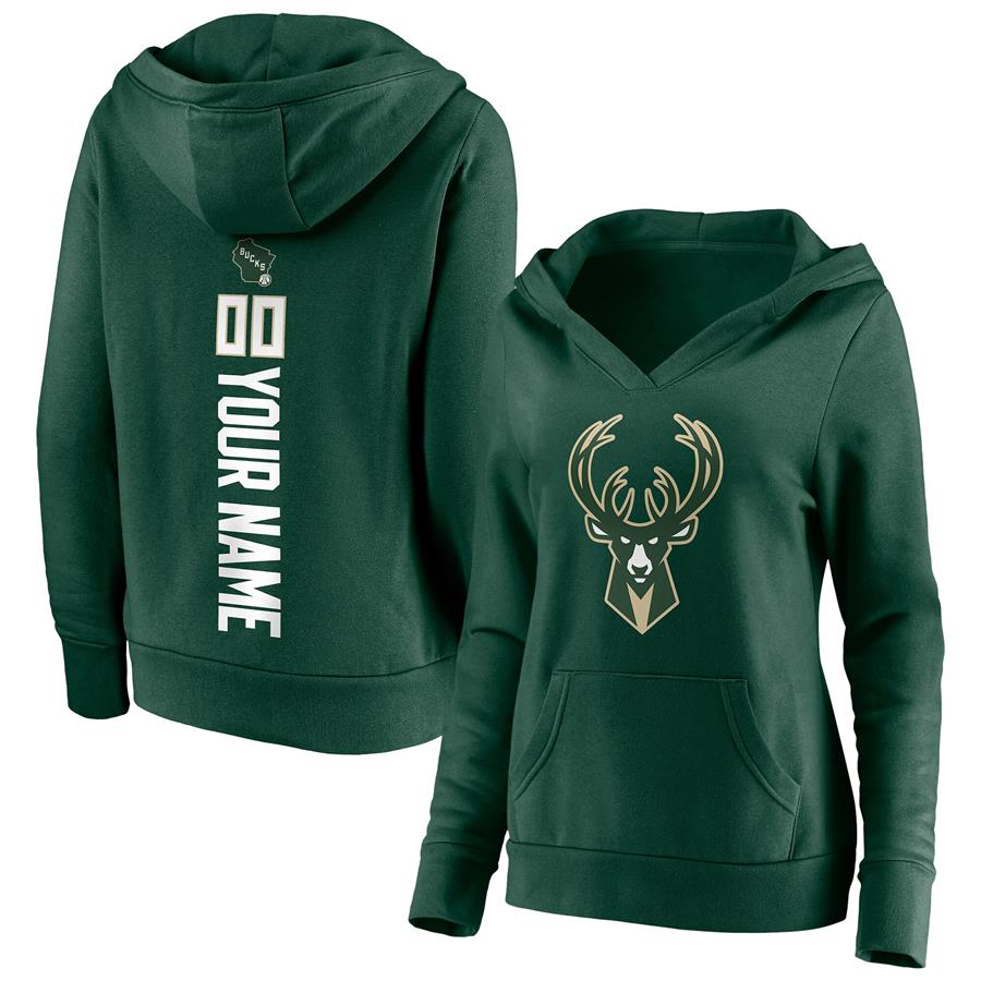 Milwaukee Bucks Fanatics Branded Women's Playmaker Personalized Name & Number V-Neck Pullover Hoodie - Hunter Green