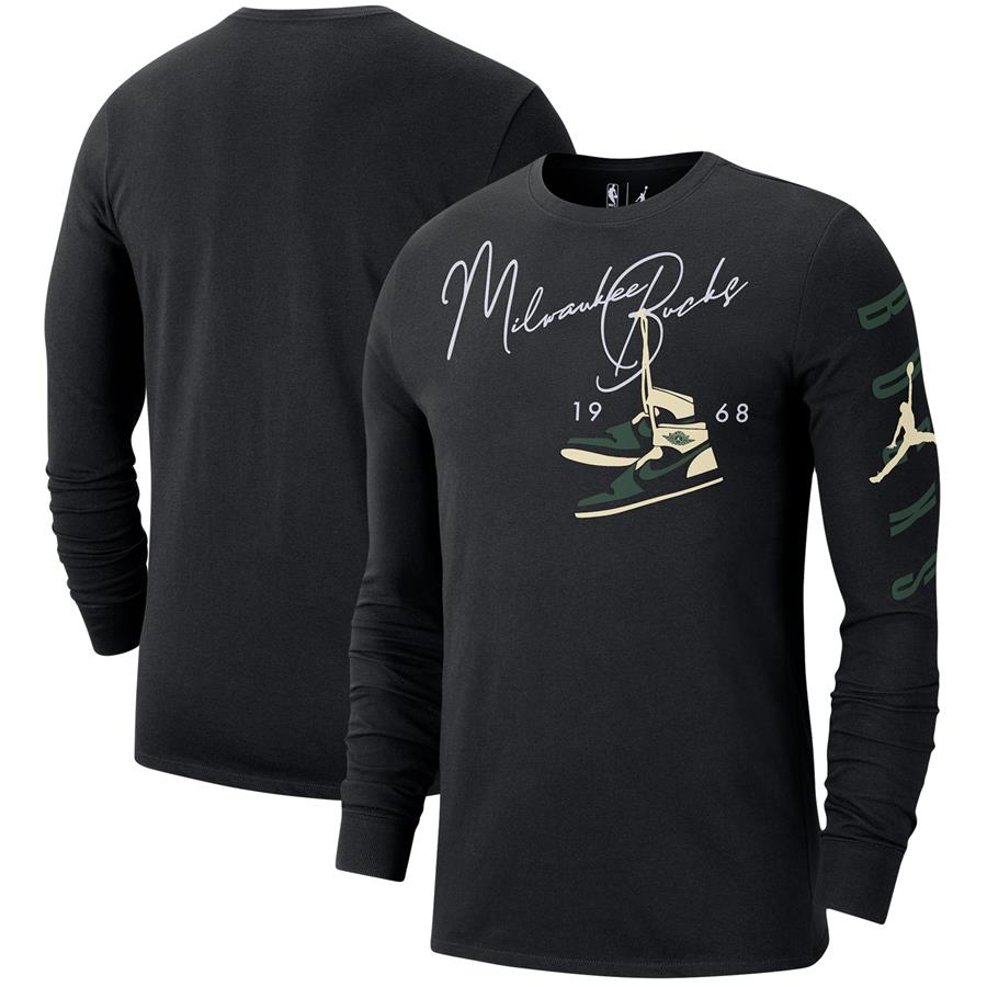 Milwaukee Bucks Jordan Brand Statement Edition Signature Laces Long Sleeve T-Shirt - Black