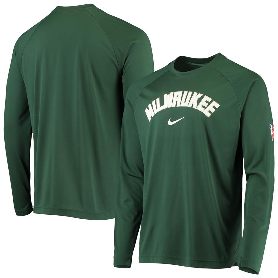 Milwaukee Bucks Nike 75th Anniversary Pregame Shooting Performance Raglan Long Sleeve T-Shirt - Hunter Green