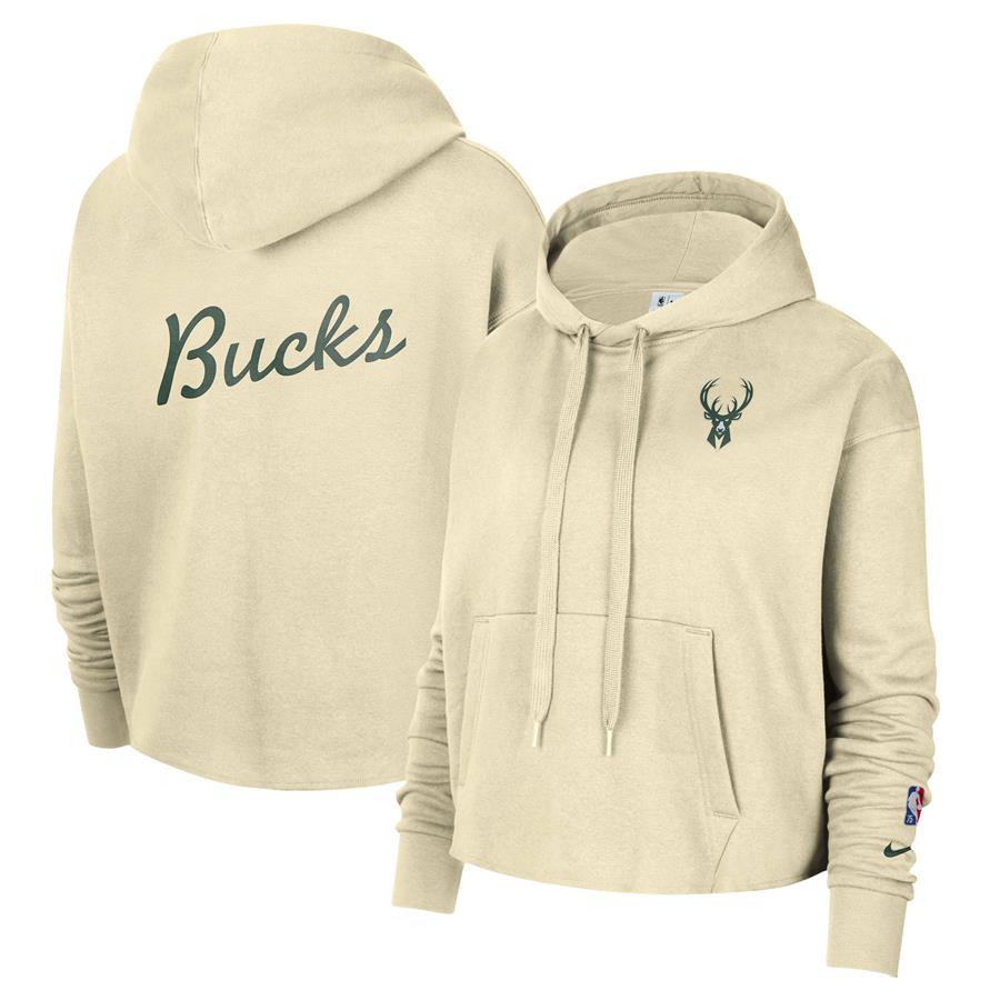 Milwaukee Bucks Nike Women's Essential Pullover Cropped Hoodie - Cream