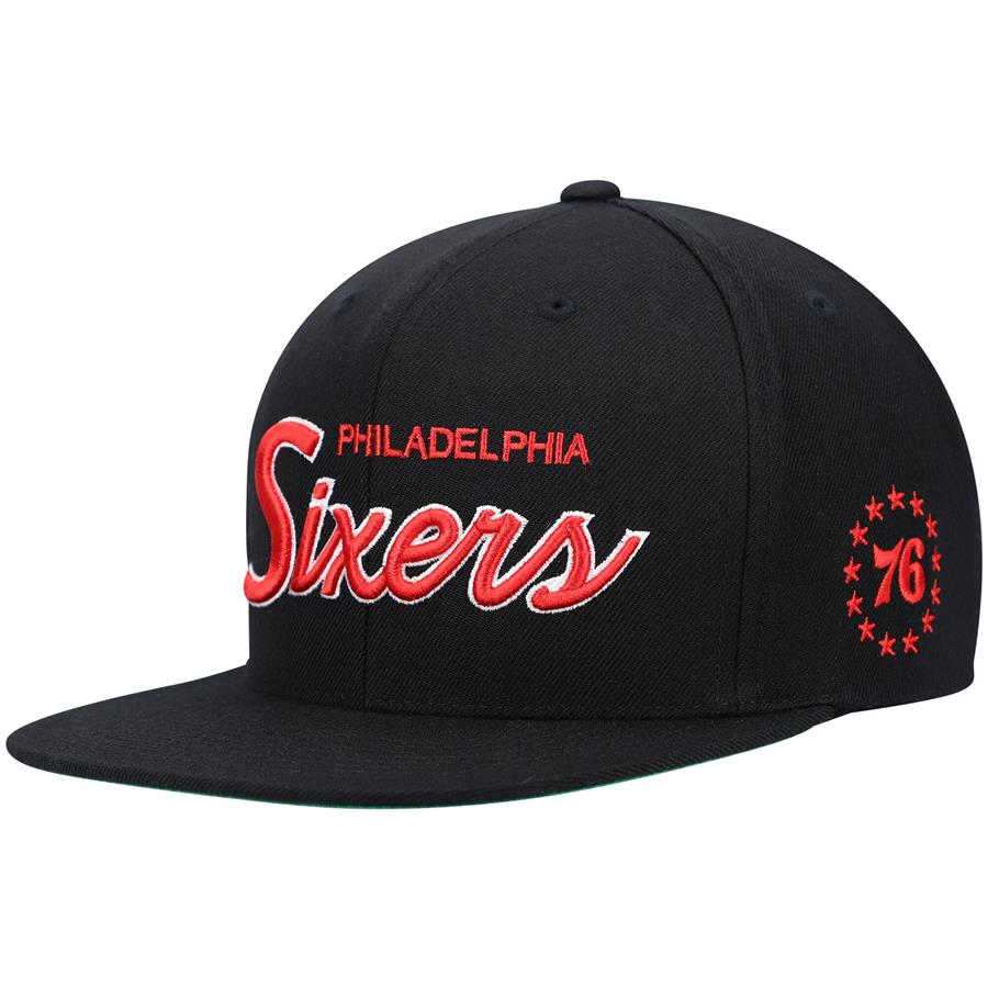 Philadelphia 76ers Mitchell & Ness Hardwood Classics Foundation Script Snapback Hat - Black