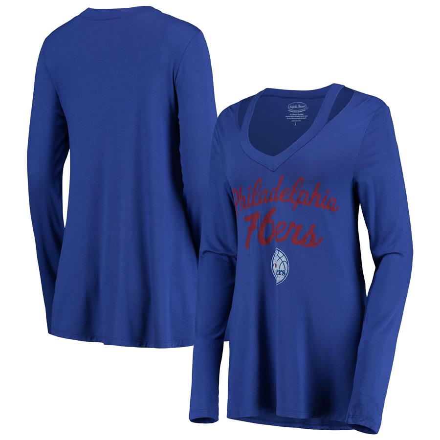Philadelphia 76ers Majestic Threads Women's Double Dribble Separation V-Neck Long Sleeve T-Shirt - Royal