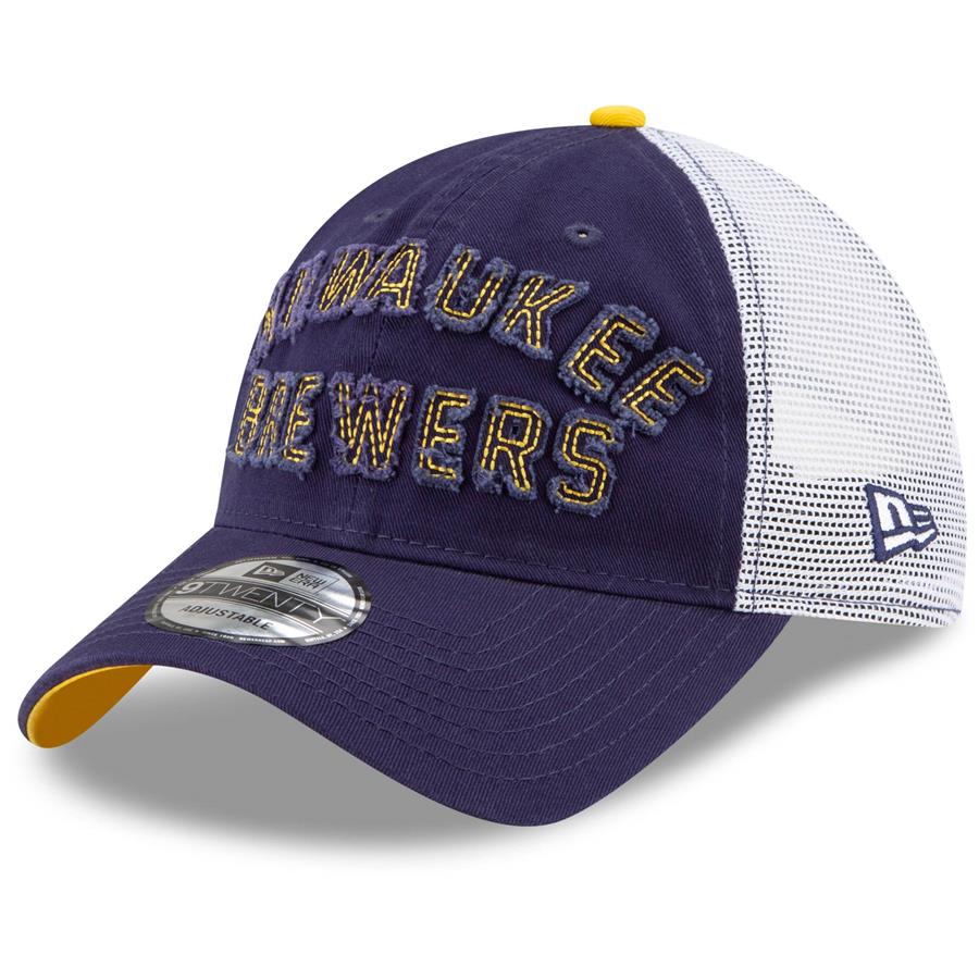 Milwaukee Brewers New Era Frayed Wordmark Trucker 9TWENTY Adjustable Hat - Navy