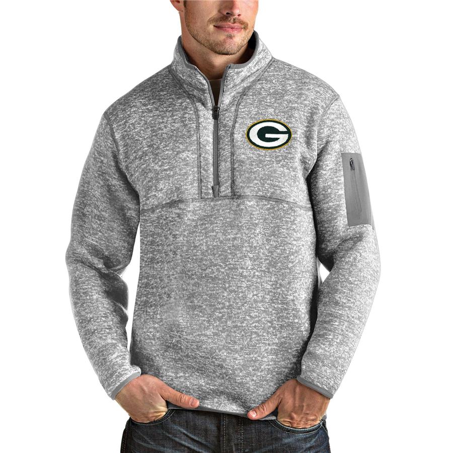 Green Bay Packers Antigua Team Logo Fortune Quarter-Zip Pullover Jacket - Heather Gray