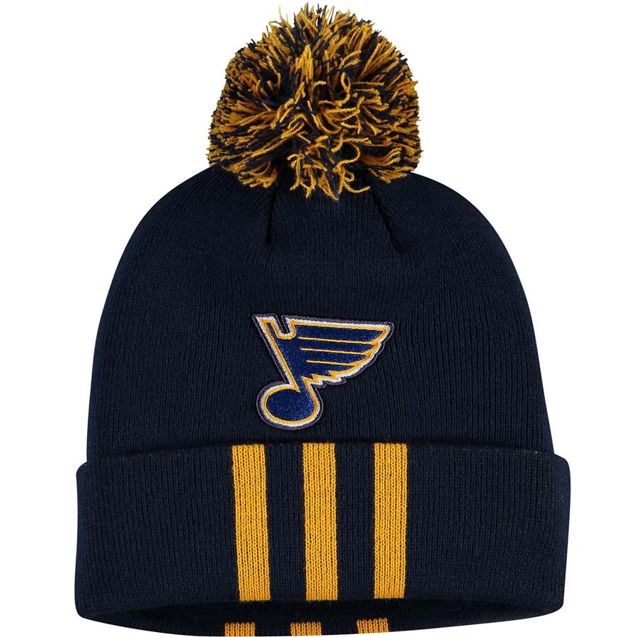St. Louis Blues adidas Three Stripe Cuffed Knit Hat with Pom - Navy
