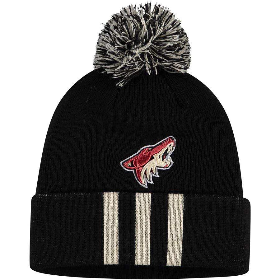 Arizona Coyotes adidas Three Stripe Cuffed Knit Hat with Pom - Black