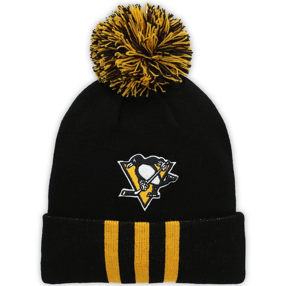 Pittsburgh Penguins adidas Three Stripe Cuffed Knit Hat with Pom - Black