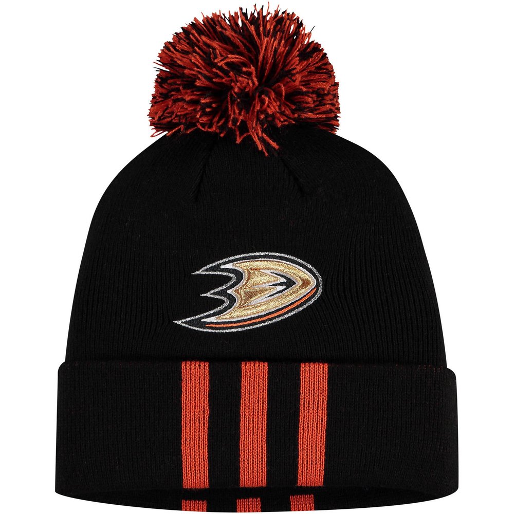 Anaheim Ducks adidas Three Stripe Cuffed Knit Hat with Pom - Black