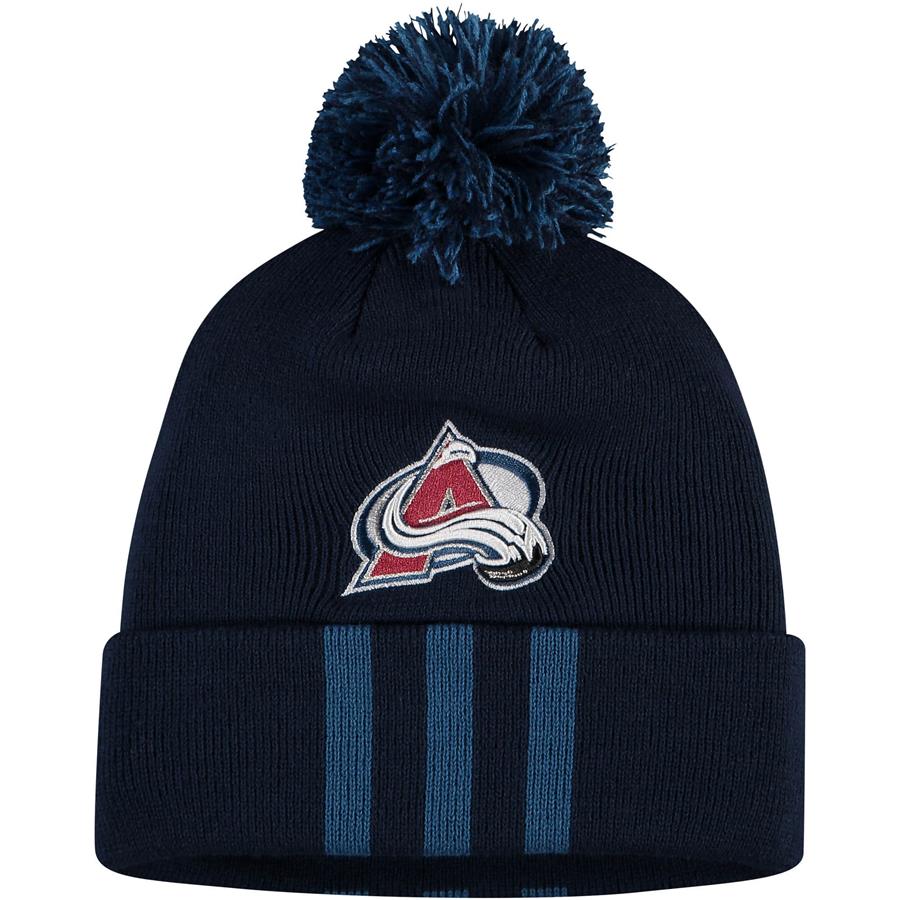 Colorado Avalanche adidas Three Stripe Cuffed Knit Hat with Pom - Navy