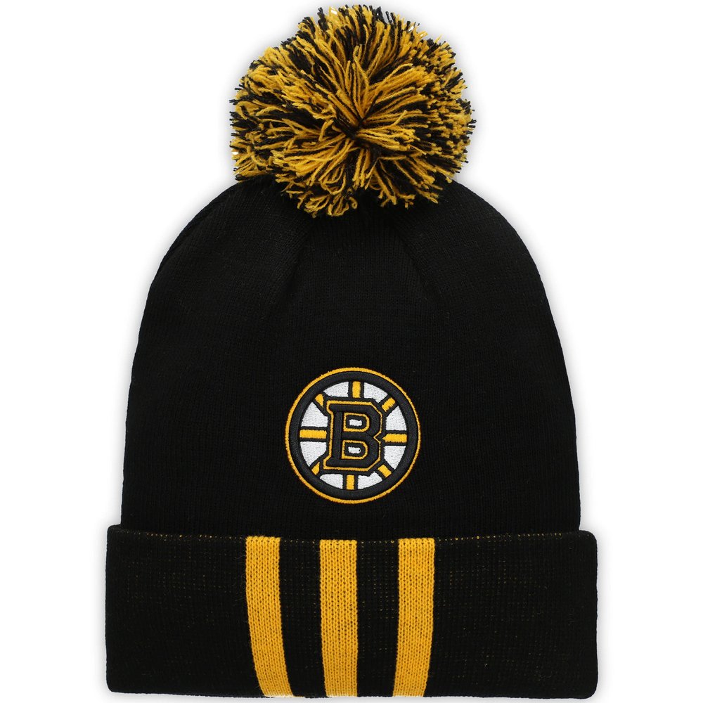 Boston Bruins adidas Three Stripe Cuffed Knit Hat with Pom - Black