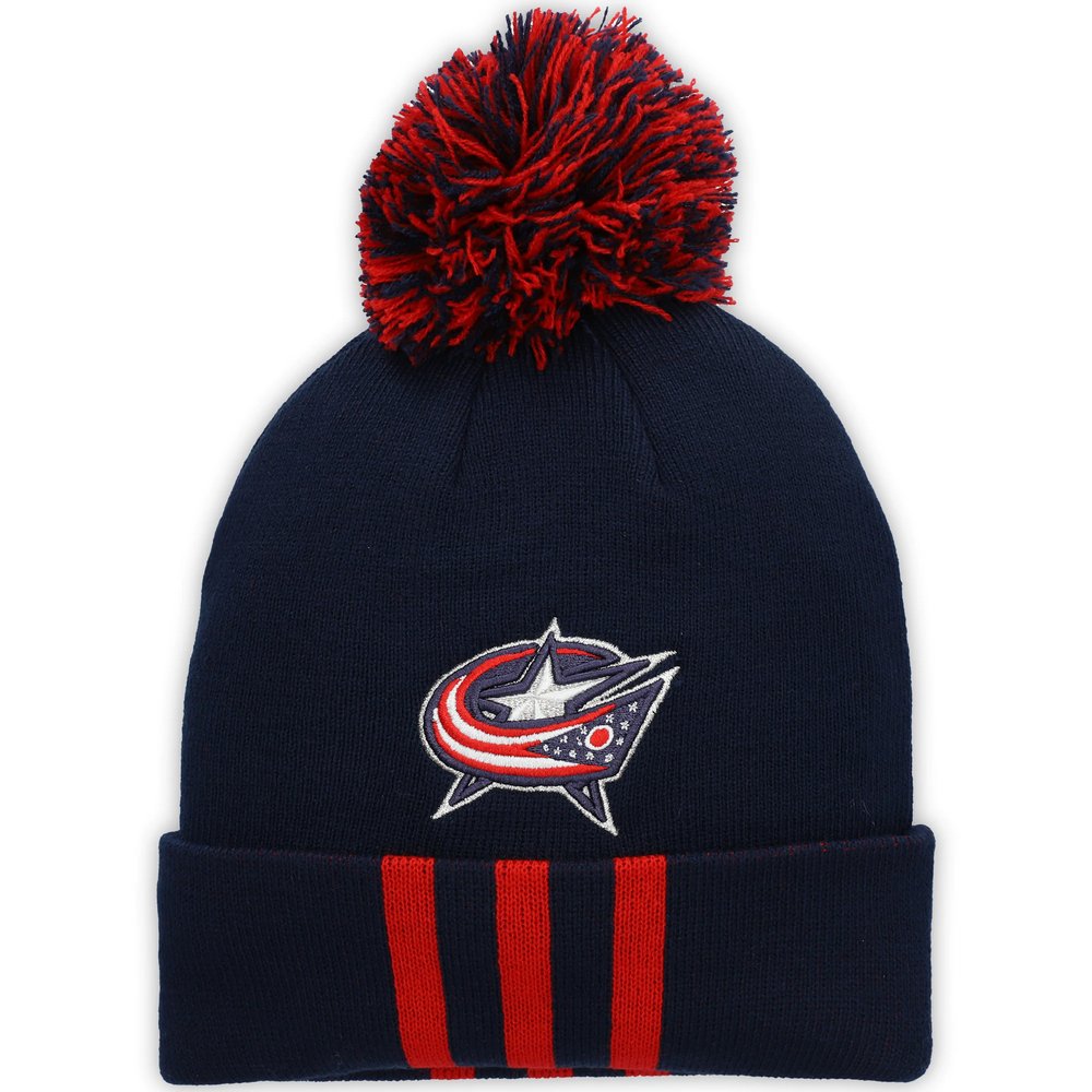 Columbus Blue Jackets adidas Three Stripe Cuffed Knit Hat with Pom - Navy