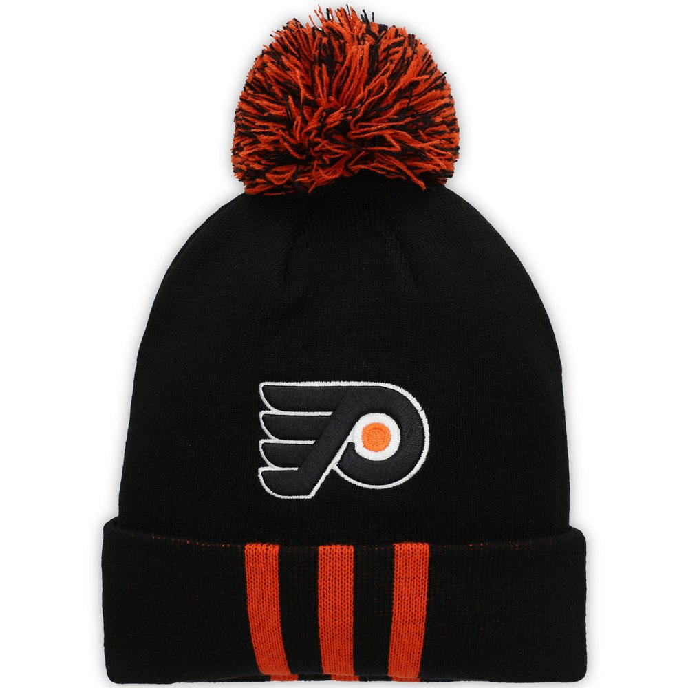 Philadelphia Flyers adidas Three Stripe Cuffed Knit Hat with Pom - Black