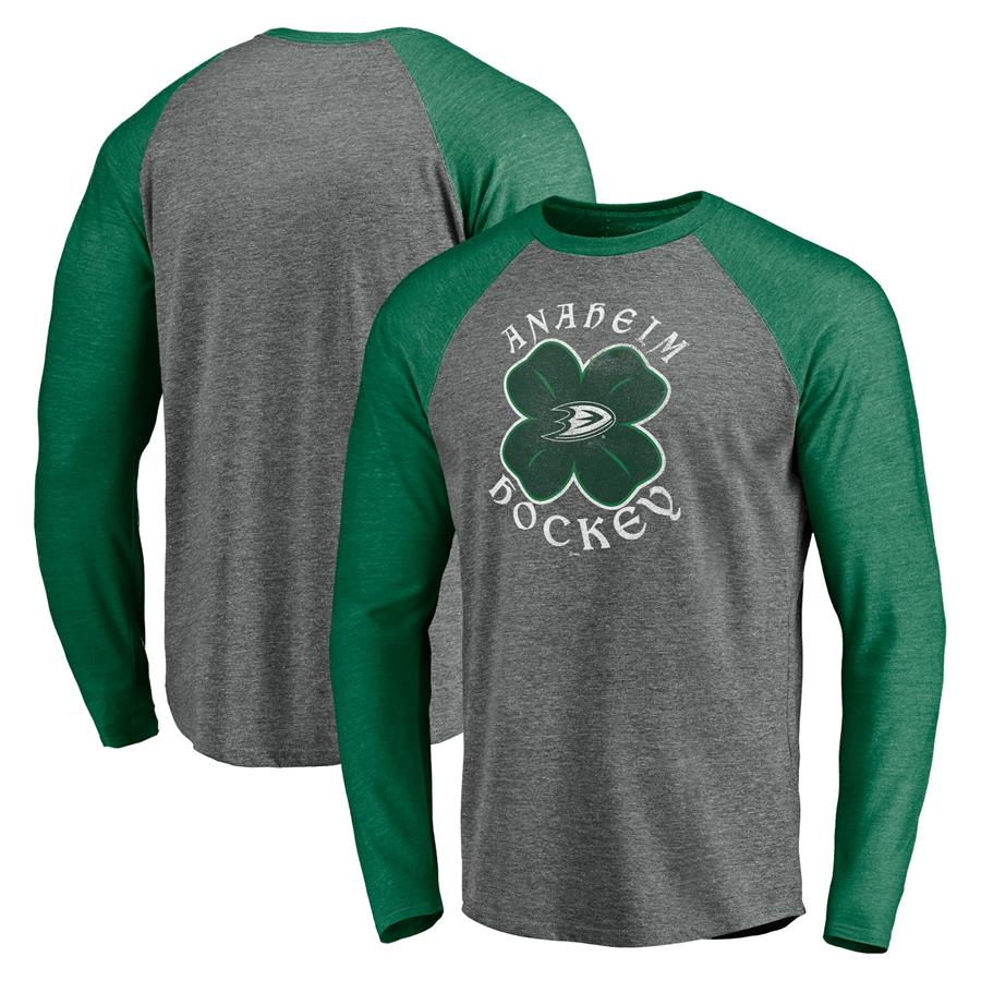 Anaheim Ducks Fanatics Branded St. Patrick's Day Tri-Blend Raglan Long Sleeve T-Shirt - Heathered Gray