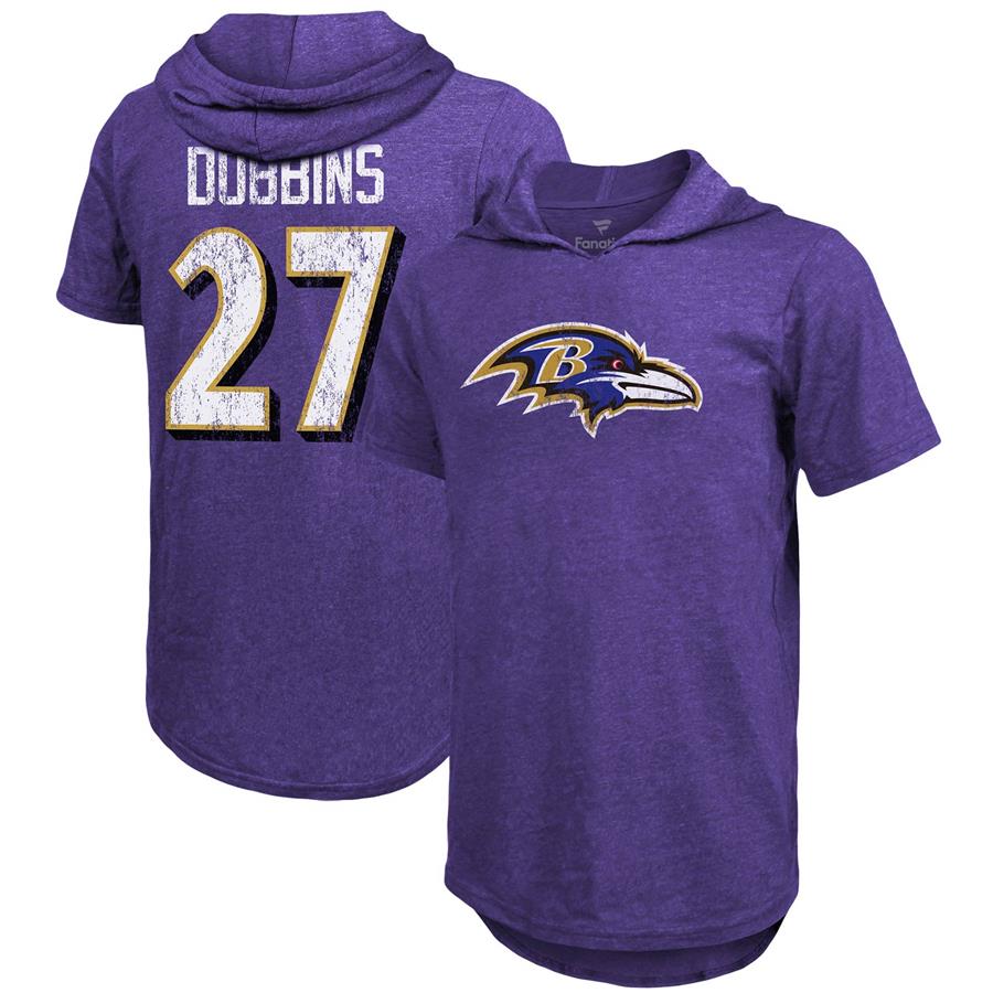 J.K. Dobbins Baltimore Ravens Majestic Threads Player Name & Number Tri-Blend Hoodie T-Shirt - Purple