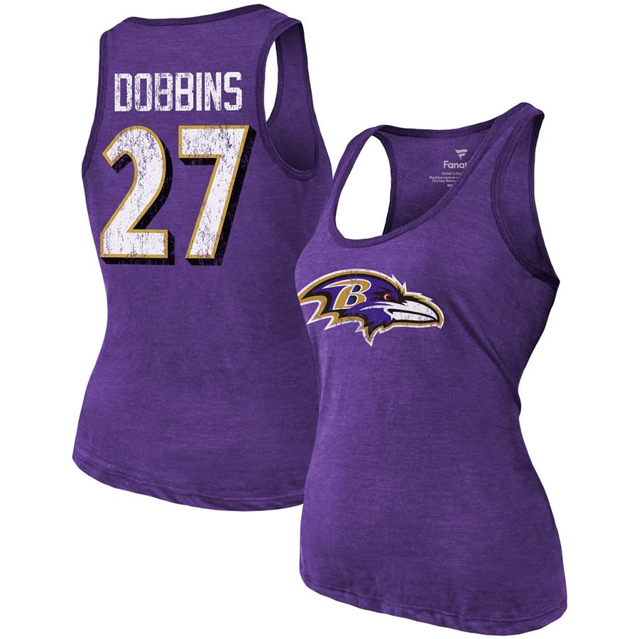 J.K. Dobbins Baltimore Ravens Majestic Threads Women's Name & Number Tri-Blend Tank Top - Heathered Purple