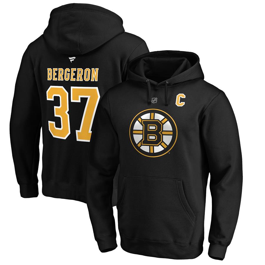 Patrice Bergeron Boston Bruins Fanatics Branded Captain Patch Authentic Stack Name & Number Pullover Hoodie - Black