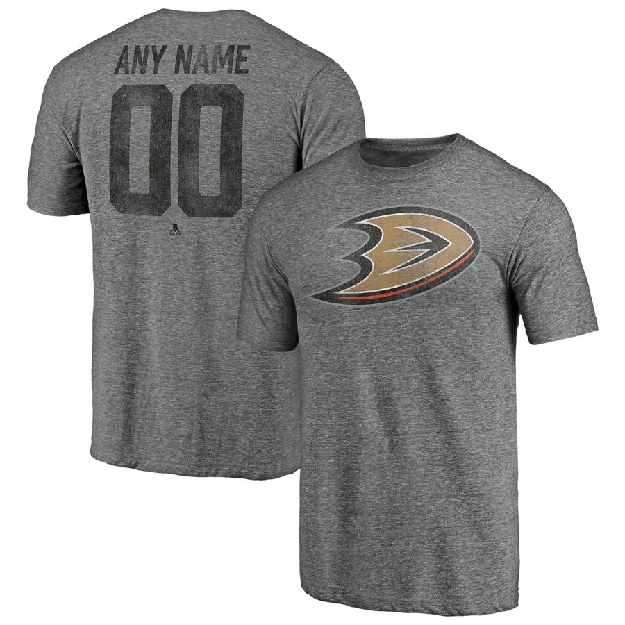 Anaheim Ducks Fanatics Branded Heritage Any Name & Number Tri-Blend T-Shirt - Heathered Gray