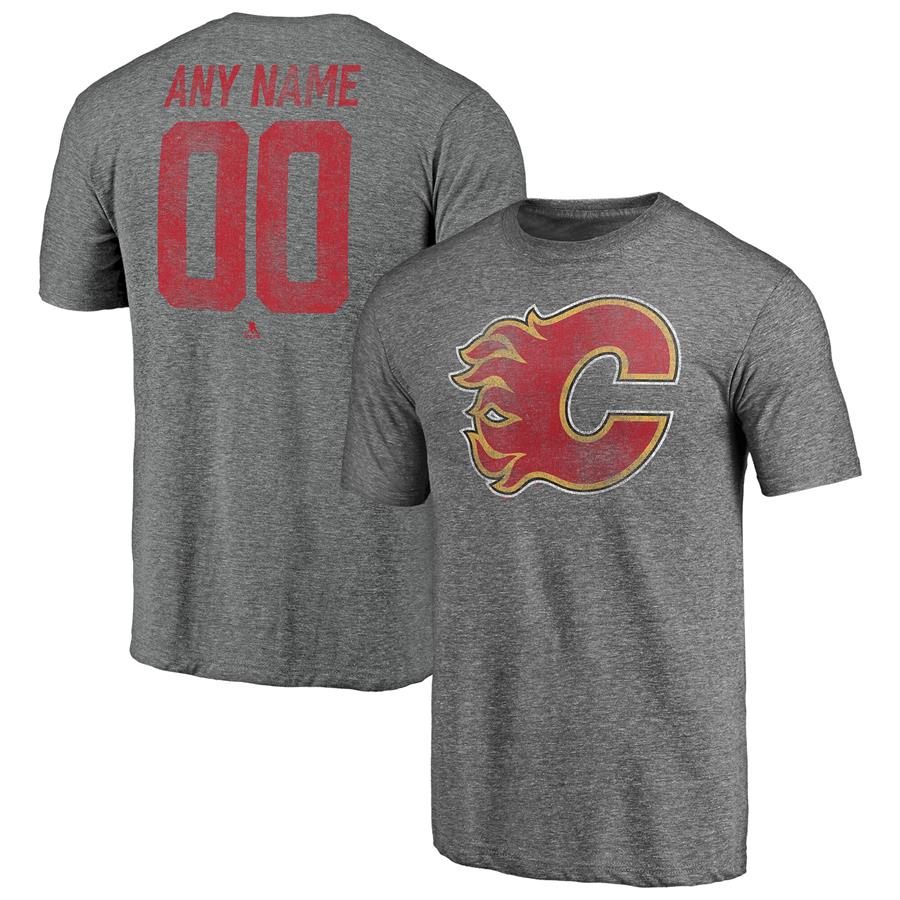 Calgary Flames Fanatics Branded Heritage Any Name & Number Tri-Blend T-Shirt - Heathered Gray
