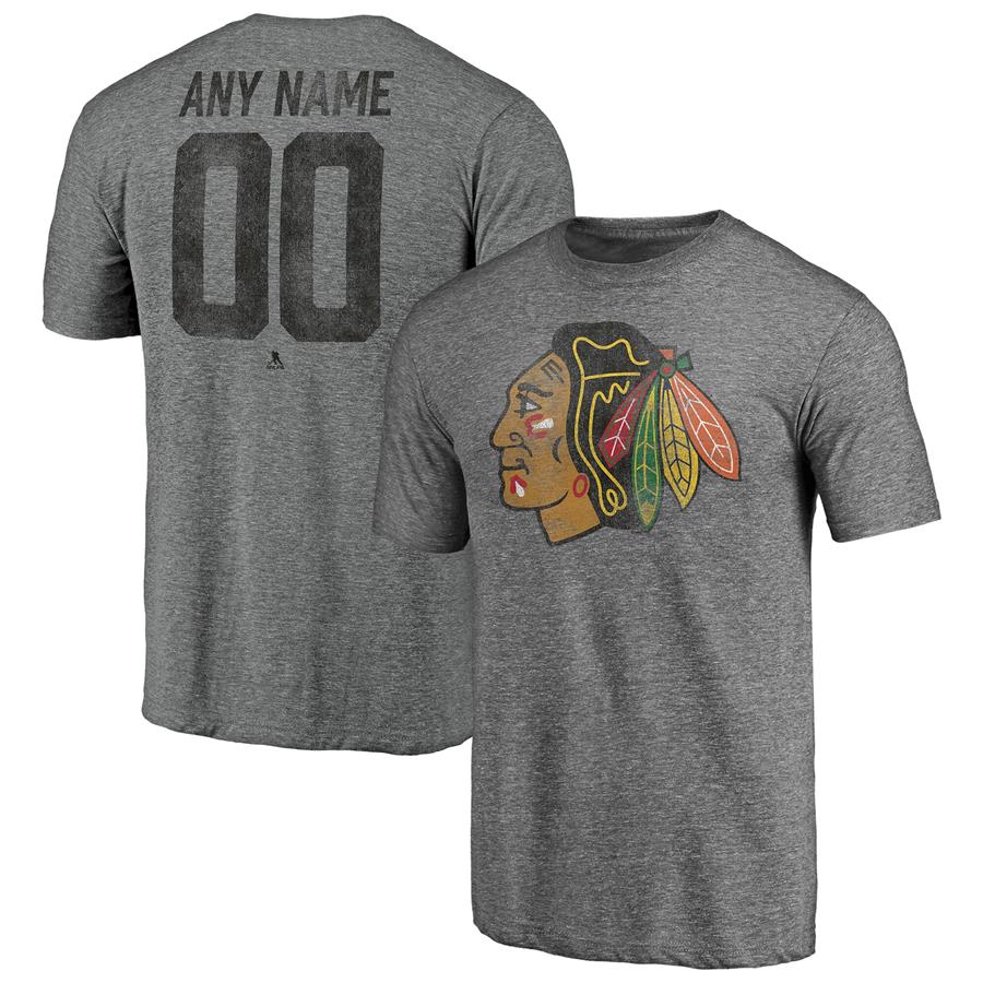 Chicago Blackhawks Fanatics Branded Heritage Any Name & Number Tri-Blend T-Shirt - Heathered Gray