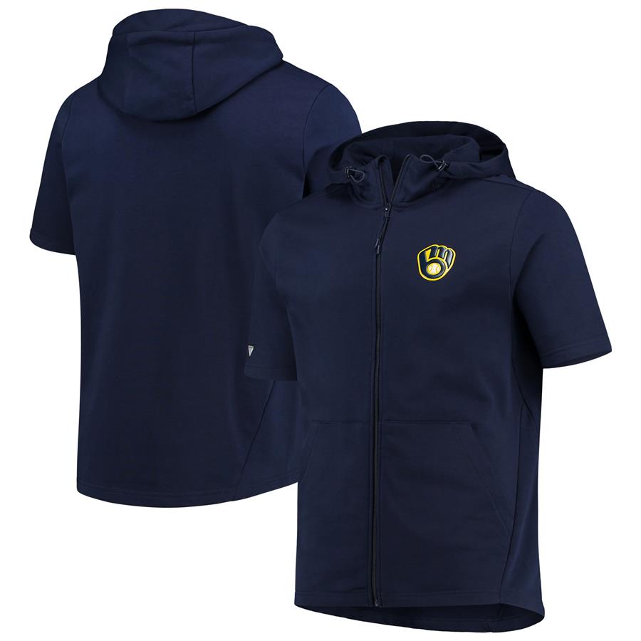 Milwaukee Brewers Levelwear Insignia Recruit Full-Zip Short Sleeve Hoodie - Navy