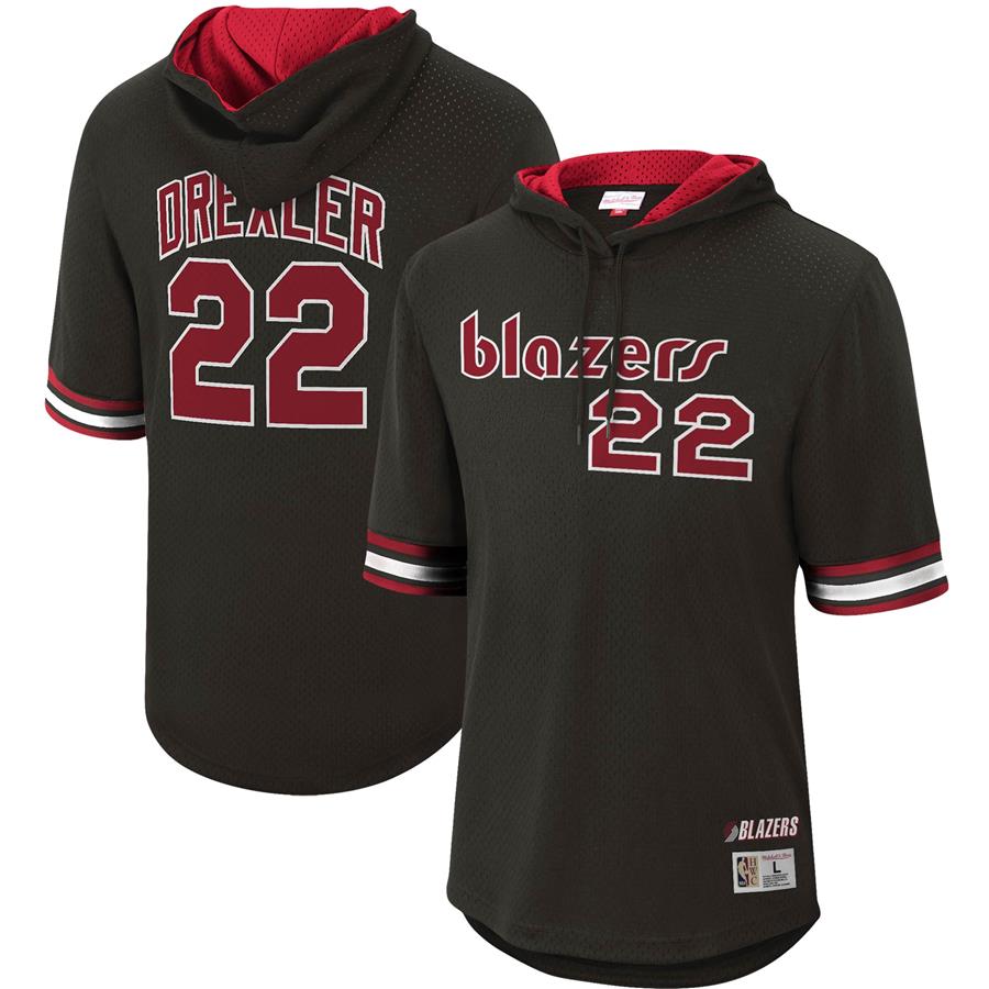 Clyde Drexler Portland Trail Blazers Mitchell & Ness Mesh Hardwood Classics Name & Number Short Sleeve Hoodie - Black