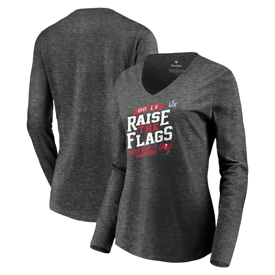 Tampa Bay Buccaneers Fanatics Branded Women's 2-Time Super Bowl Champions Raise the Flags Long Sleeve V-Neck T-Shirt - Charcoal