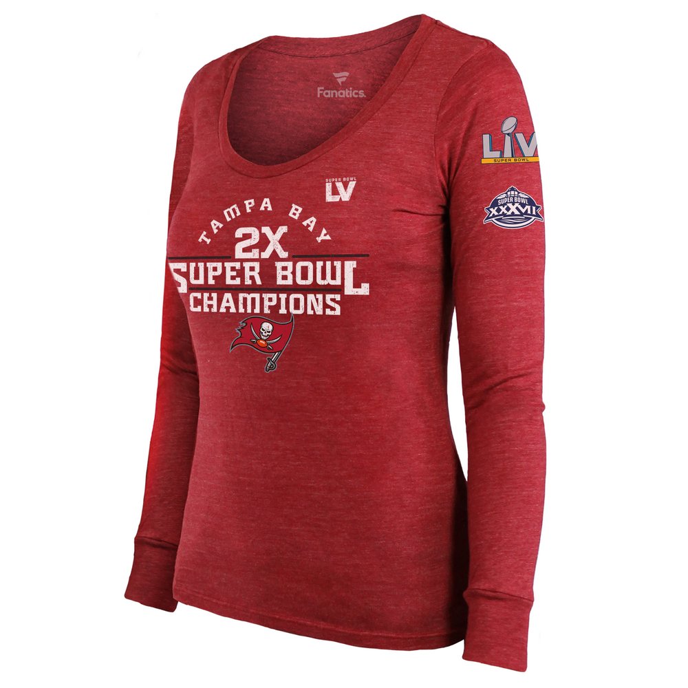Tampa Bay Buccaneers Fanatics Branded Women's 2-Time Super Bowl Champions Scrimmage Sleeve Hit Long Sleeve Scoop Neck T-Shirt - Red