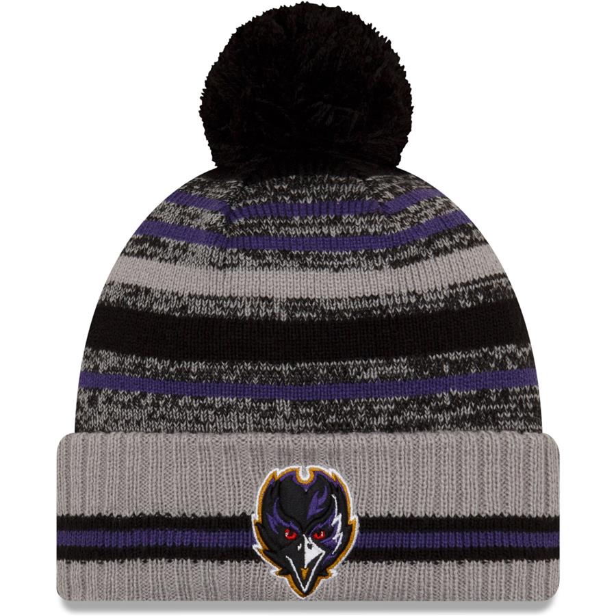 Baltimore Ravens New Era 2021 NFL Sideline Sport Pom Cuffed Knit Hat - Gray