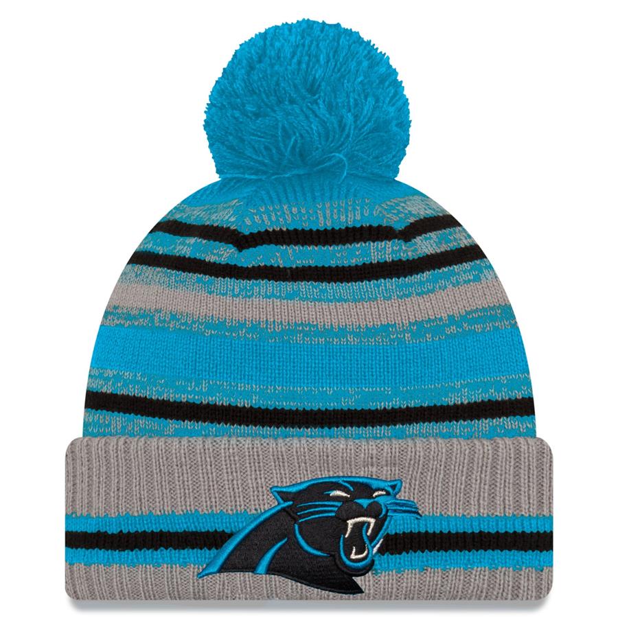 Carolina Panthers New Era 2021 NFL Sideline Sport Pom Cuffed Knit Hat - Gray