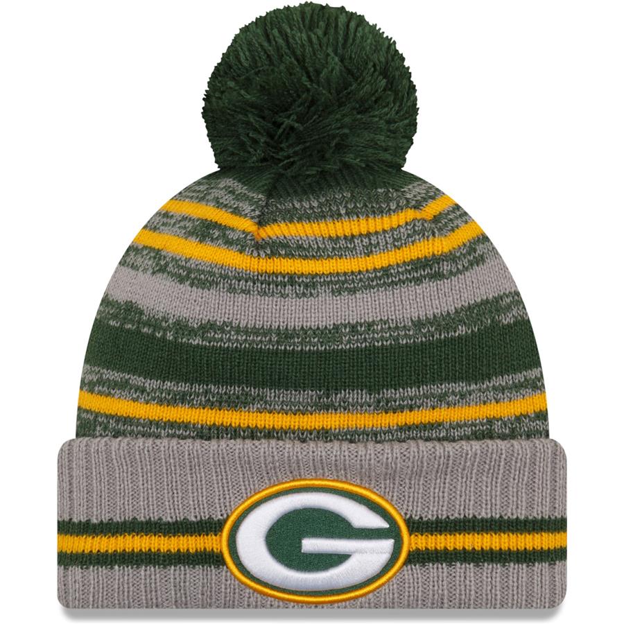 Green Bay Packers New Era 2021 NFL Sideline Sport Pom Cuffed Knit Hat - Gray