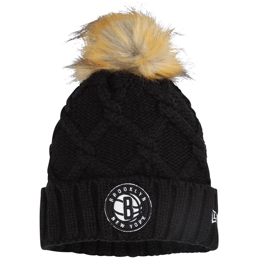 Brooklyn Nets New Era Women's Luxe Cuffed Knit Hat with Pom - Black