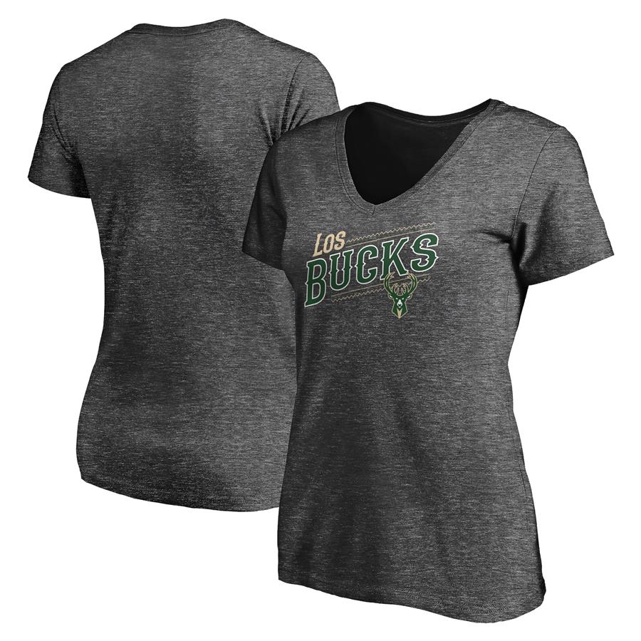 Milwaukee Bucks Fanatics Branded Women's 2021 Noches Éne-Bé-A Core V-Neck T-Shirt - Charcoal