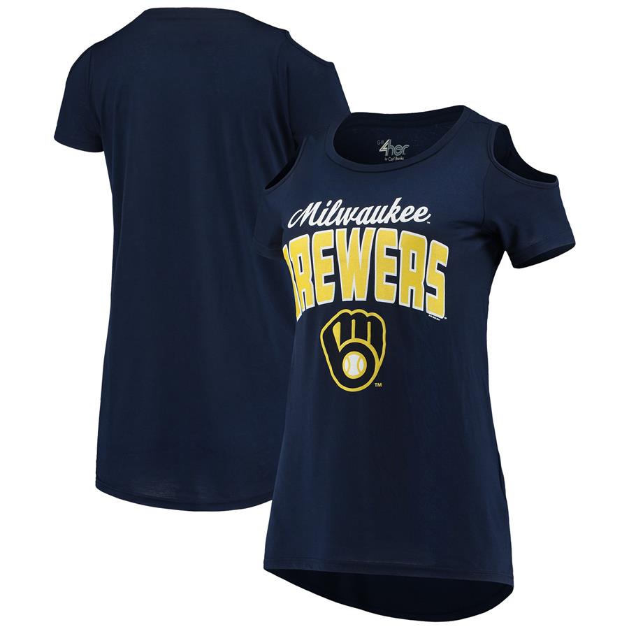 Milwaukee Brewers G-III 4Her by Carl Banks Women's Clear the Bases Cold Shoulder Scoop Neck T-Shirt - Navy