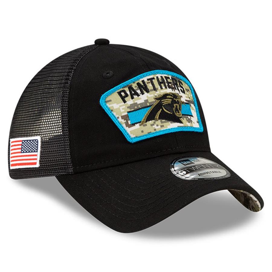 Carolina Panthers New Era 2021 Salute To Service Trucker 9TWENTY Adjustable Hat - Black