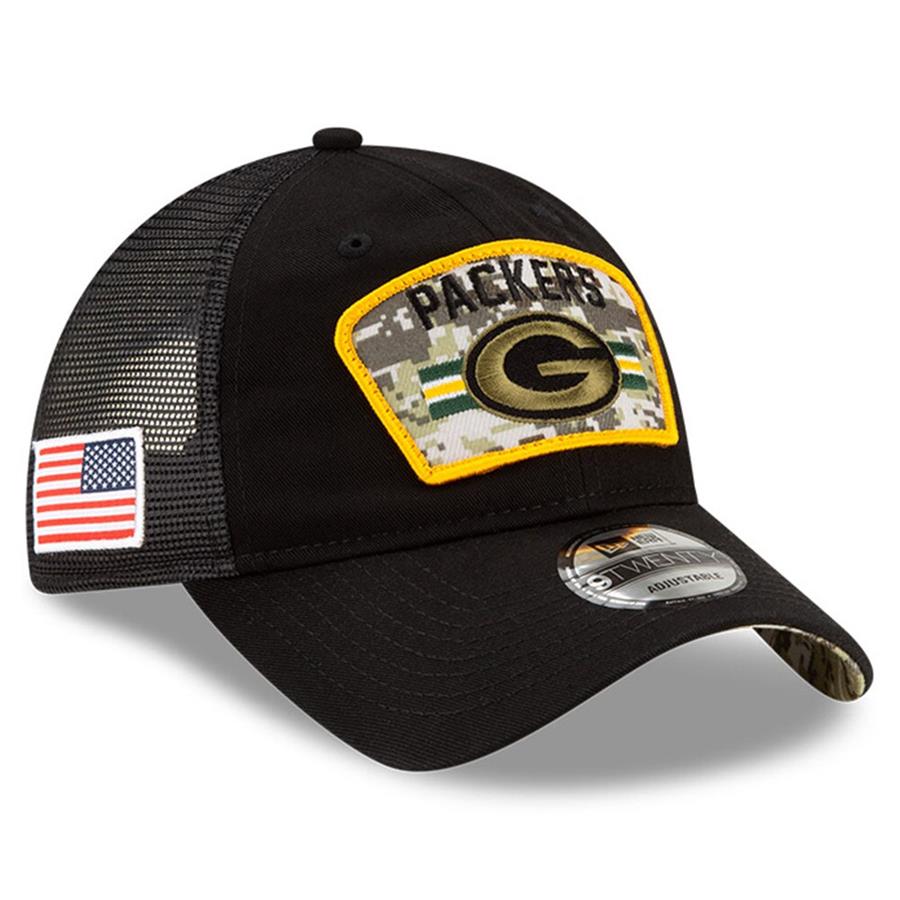 Green Bay Packers New Era 2021 Salute To Service Trucker 9TWENTY Adjustable Hat - Black