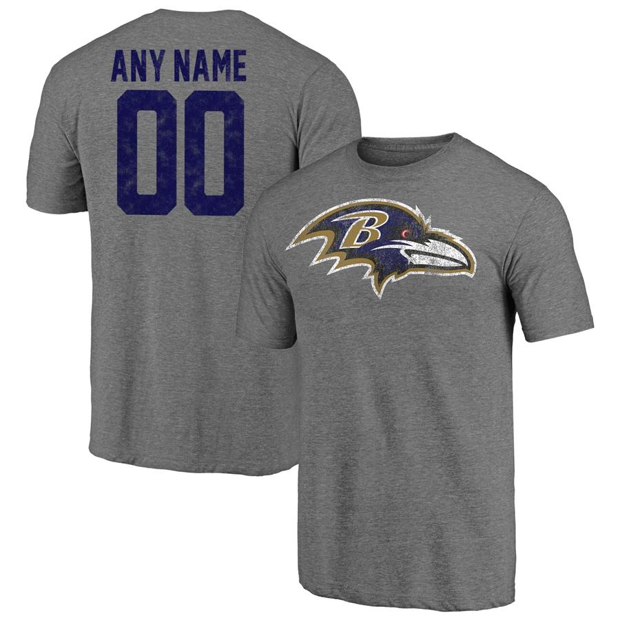 Baltimore Ravens Fanatics Branded Personalized Heritage Name & Number Tri-Blend T-Shirt - Heathered Gray