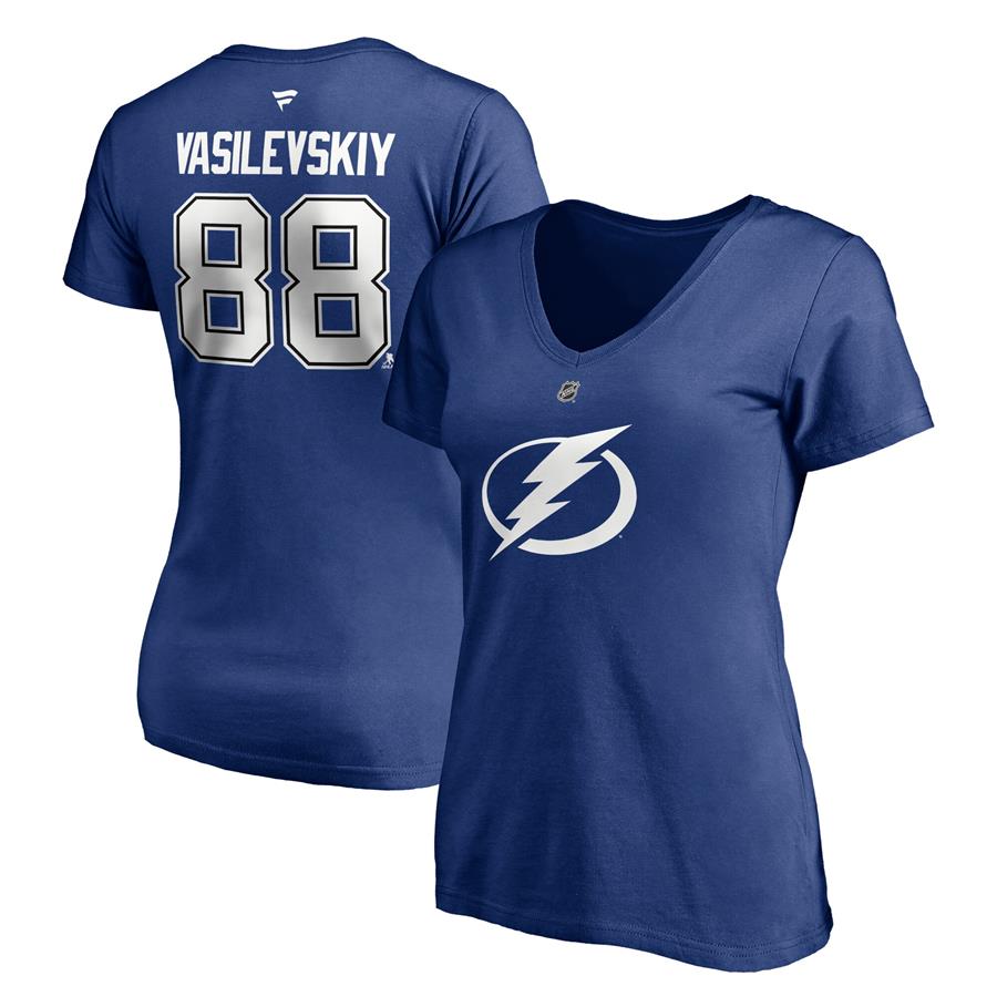 Andrei Vasilevskiy Tampa Bay Lightning Fanatics Branded Women's Authentic Stack Name & Number V-Neck T-Shirt - Blue