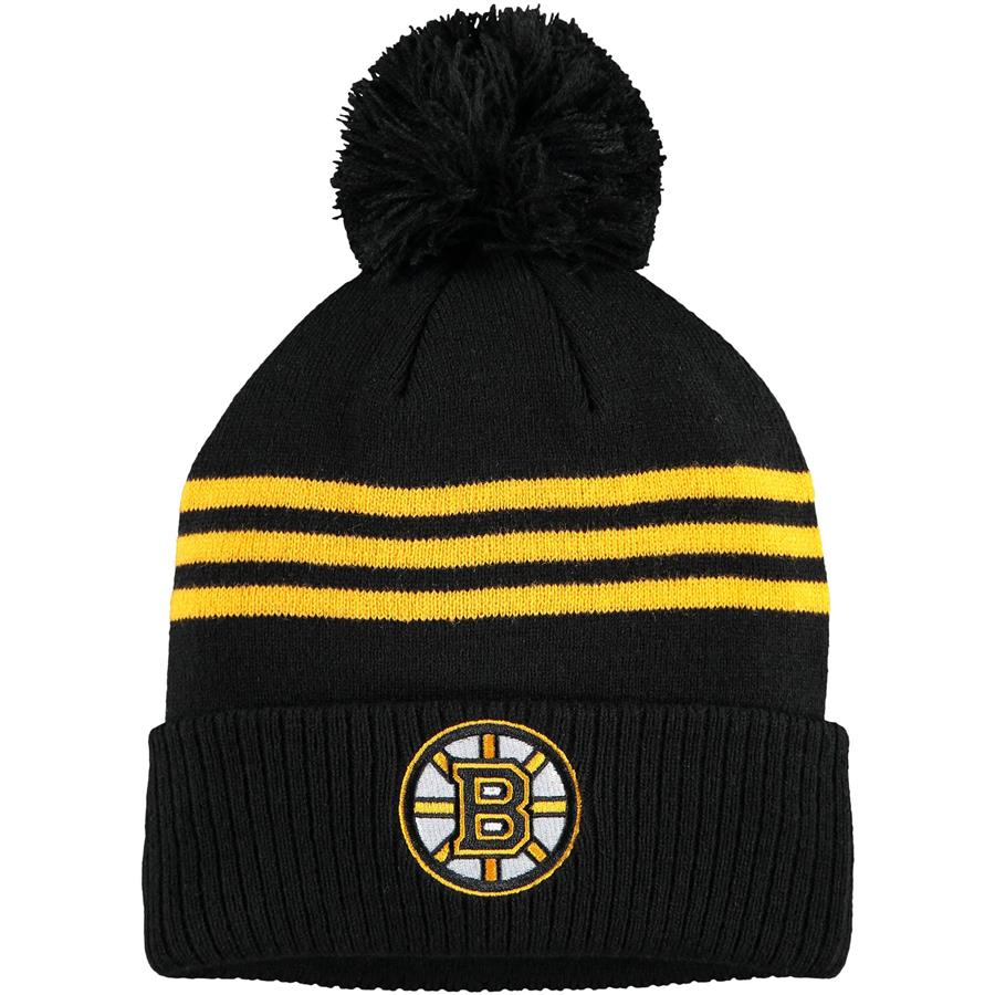 Boston Bruins adidas Locker Room Three Stripe Cuffed Knit Hat with Pom - Black