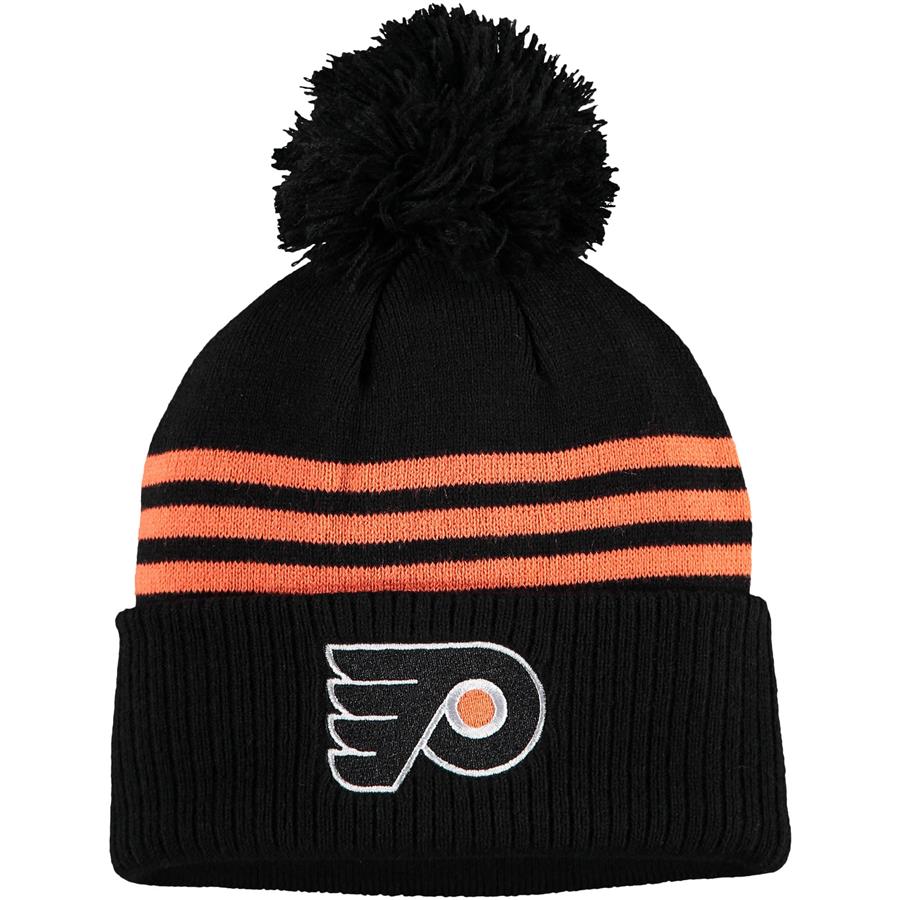 Philadelphia Flyers adidas Locker Room Three Stripe Cuffed Knit Hat with Pom - Black