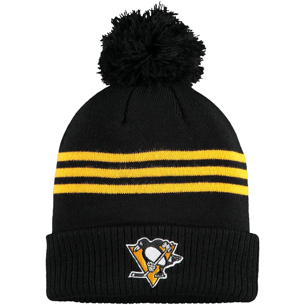 Pittsburgh Penguins adidas Locker Room Three Stripe Cuffed Knit Hat with Pom - Black