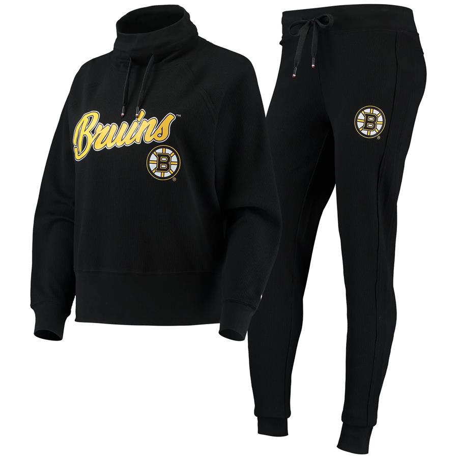 Boston Bruins Tommy Hilfiger Women's Zoey Raglan Tri-Blend Pullover Sweatshirt & Pants Lounge Set - Black