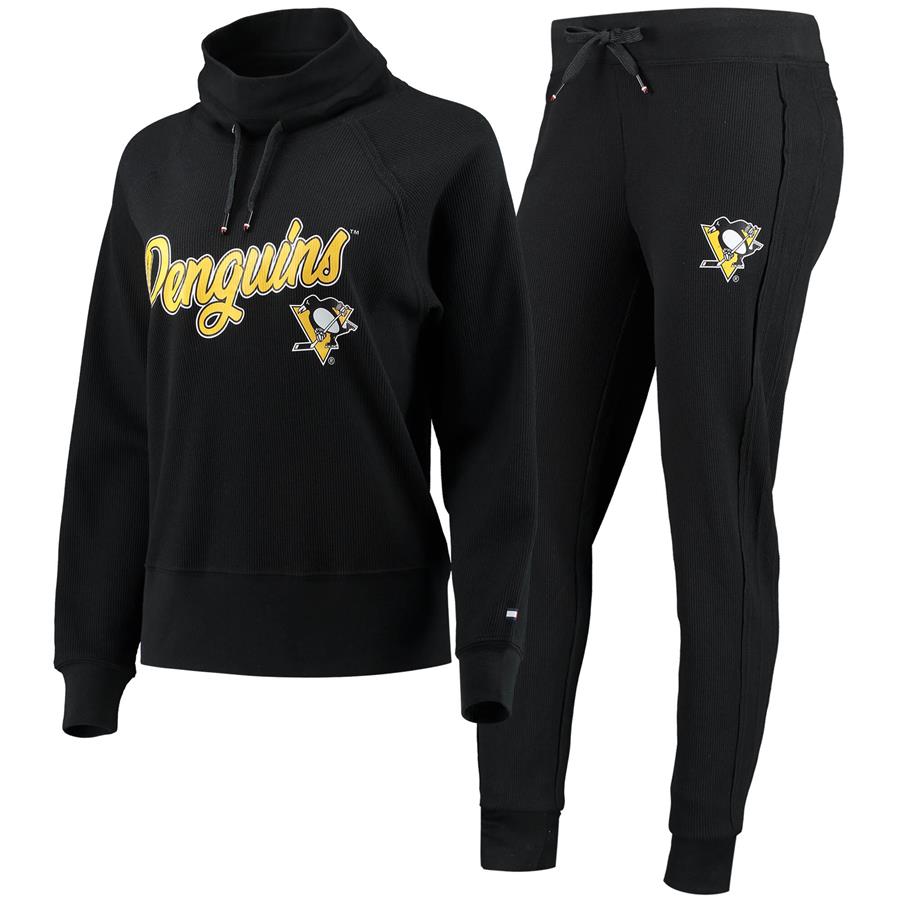 Pittsburgh Penguins Tommy Hilfiger Women's Zoey Raglan Tri-Blend Pullover Sweatshirt & Pants Lounge Set - Black