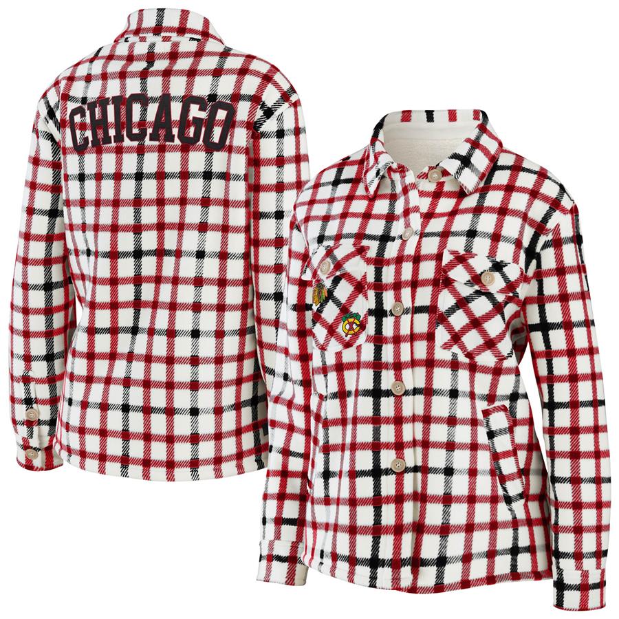 Chicago Blackhawks WEAR by Erin Andrews Women's Plaid Button-Up Shirt Jacket - Oatmeal