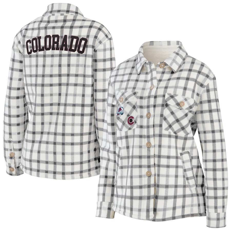 Colorado Avalanche WEAR by Erin Andrews Women's Plaid Button-Up Shirt Jacket - Oatmeal