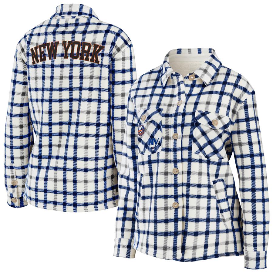 New York Islanders WEAR by Erin Andrews Women's Plaid Button-Up Shirt Jacket - Oatmeal