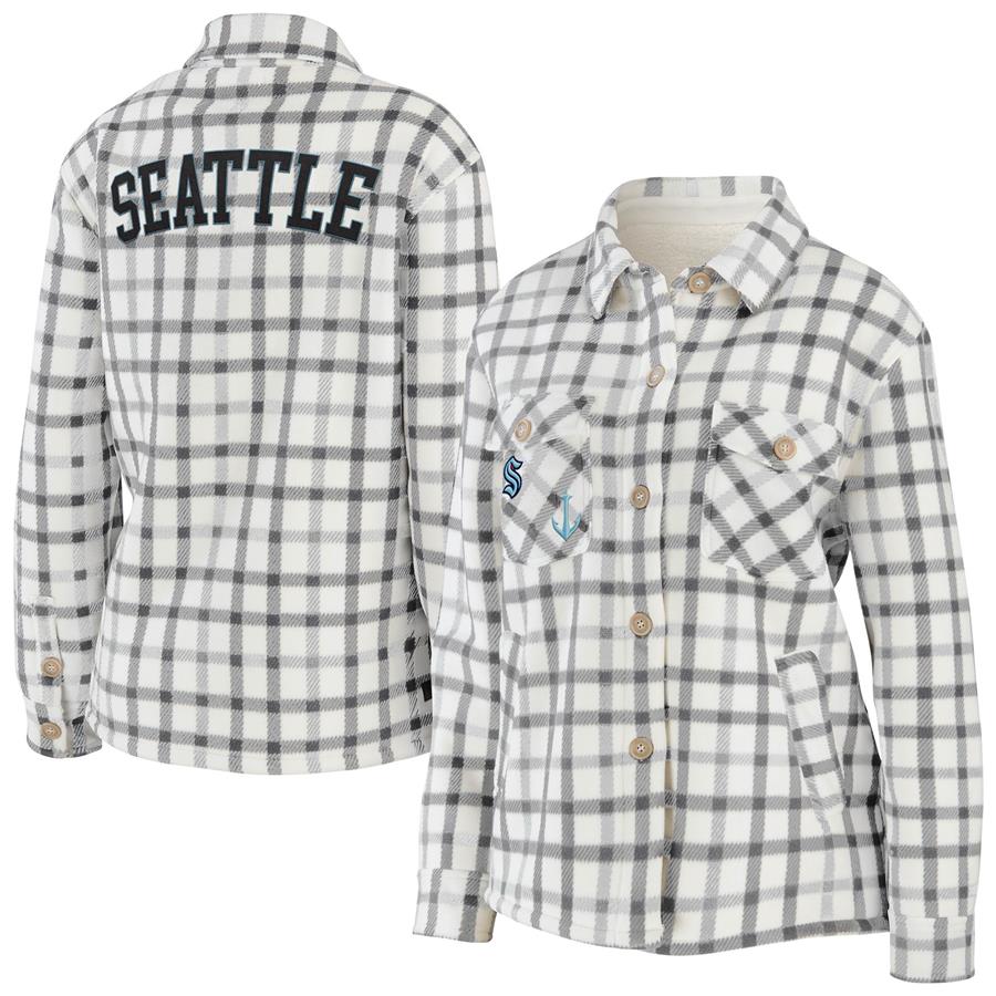 Seattle Kraken WEAR by Erin Andrews Women's Plaid Button-Up Shirt Jacket - Oatmeal
