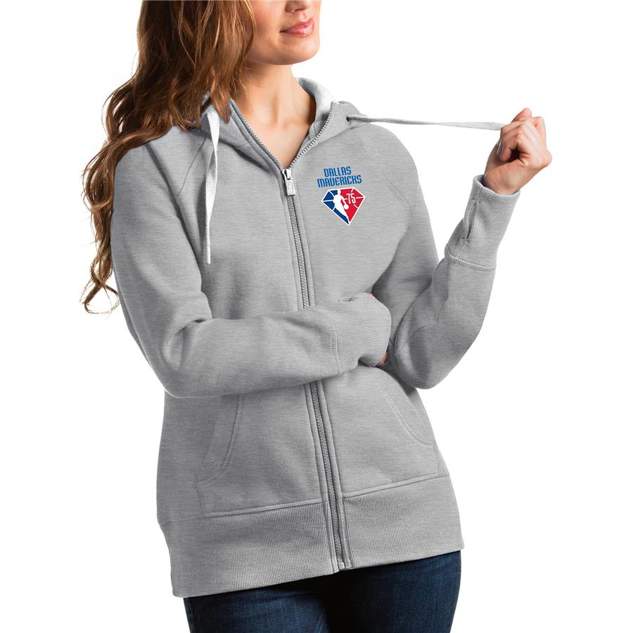 Dallas Mavericks Antigua Women's NBA 75th Anniversary Victory Full-Zip Hoodie - Heathered Gray