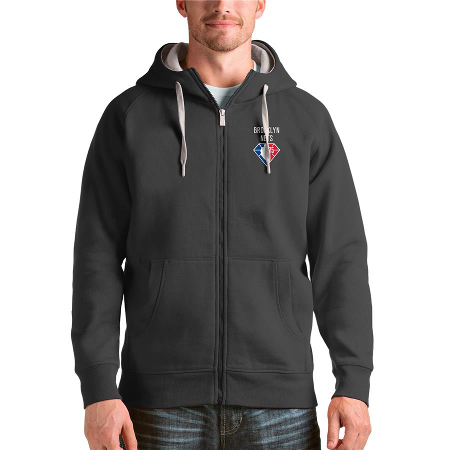 Brooklyn Nets Antigua NBA 75th Anniversary Victory Full-Zip Hoodie - Charcoal